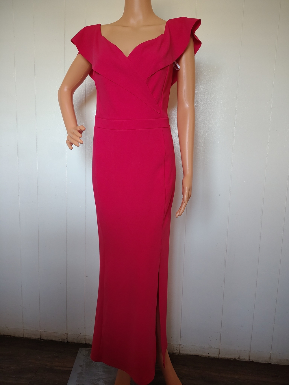 Alexa B Nites Hot Pink Ruffle-Shoulder Maxi Dress Size 14W.